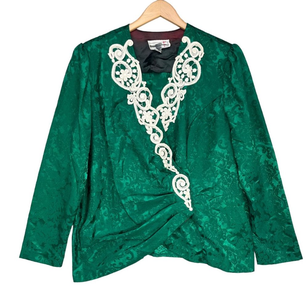 Vintage Scott McClintock Womens Green Lace Detail Long Sleeve Blouse Size 16W
